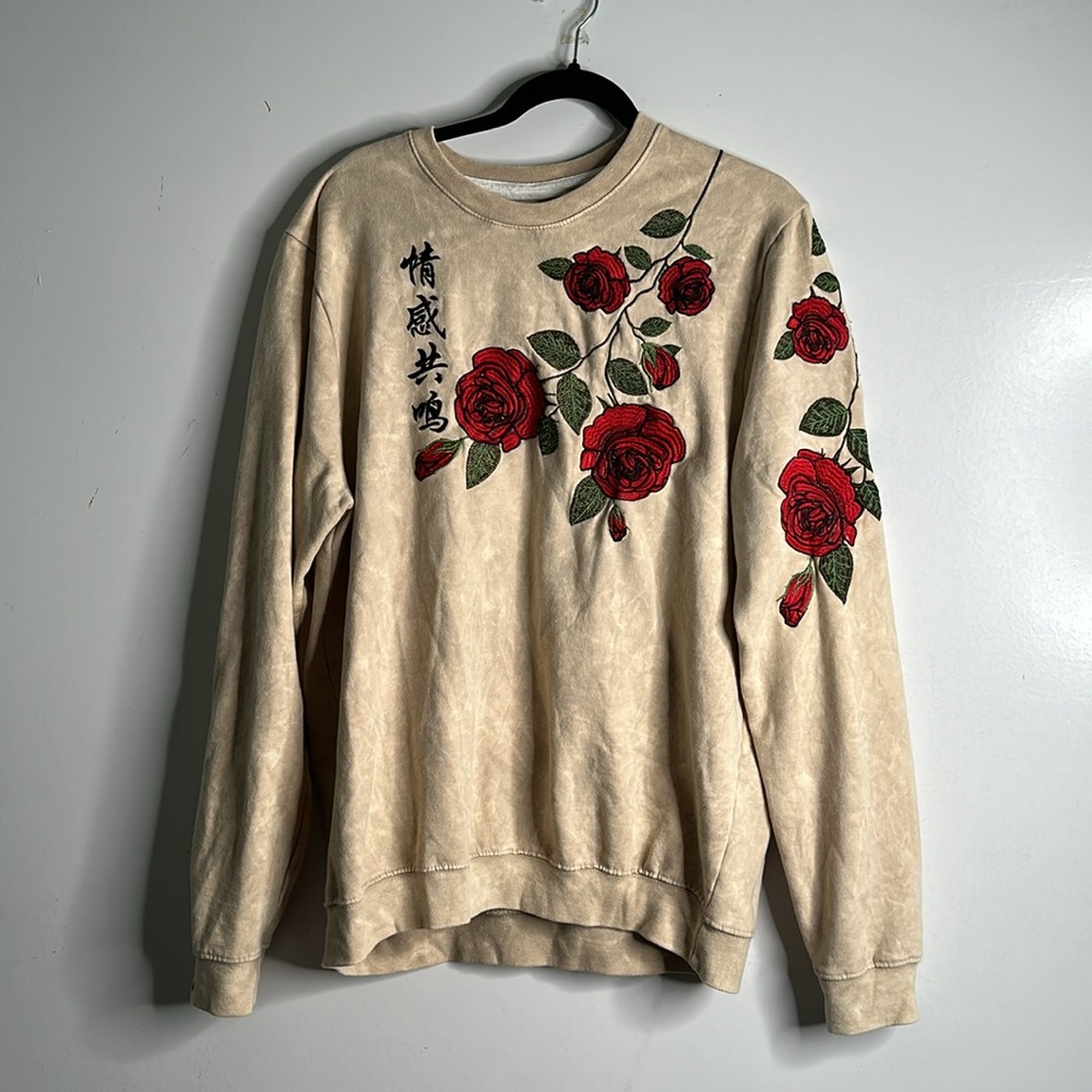 Blind Rooster embroidery sweatshirt floral cotton beige and red size XlArge